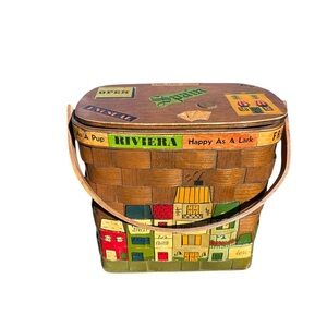 Caro Nan Signed Unique Vintage 1960s Hand Painted Hinged Basket Wooden Lid